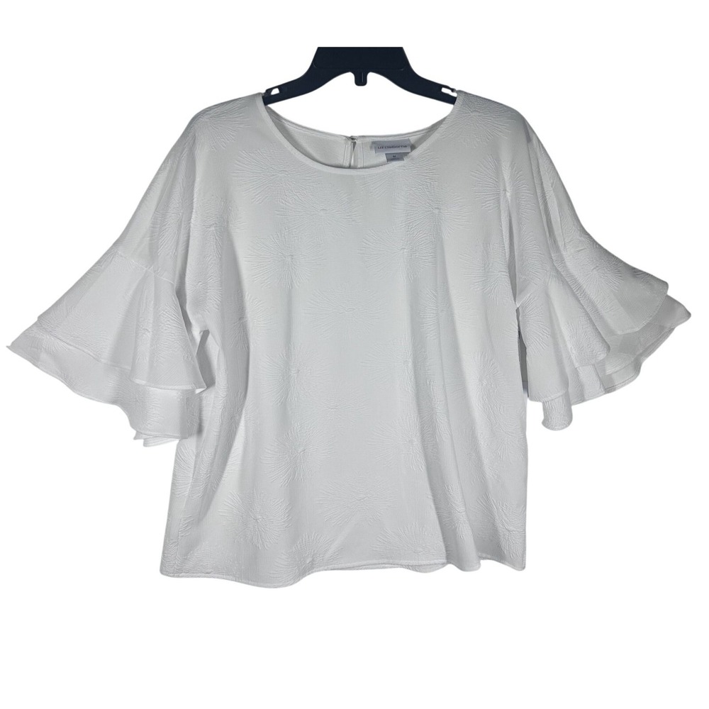 Liz Claiborne White Textured Floral Tiered Bell Sleeve Blouse Medium NWT